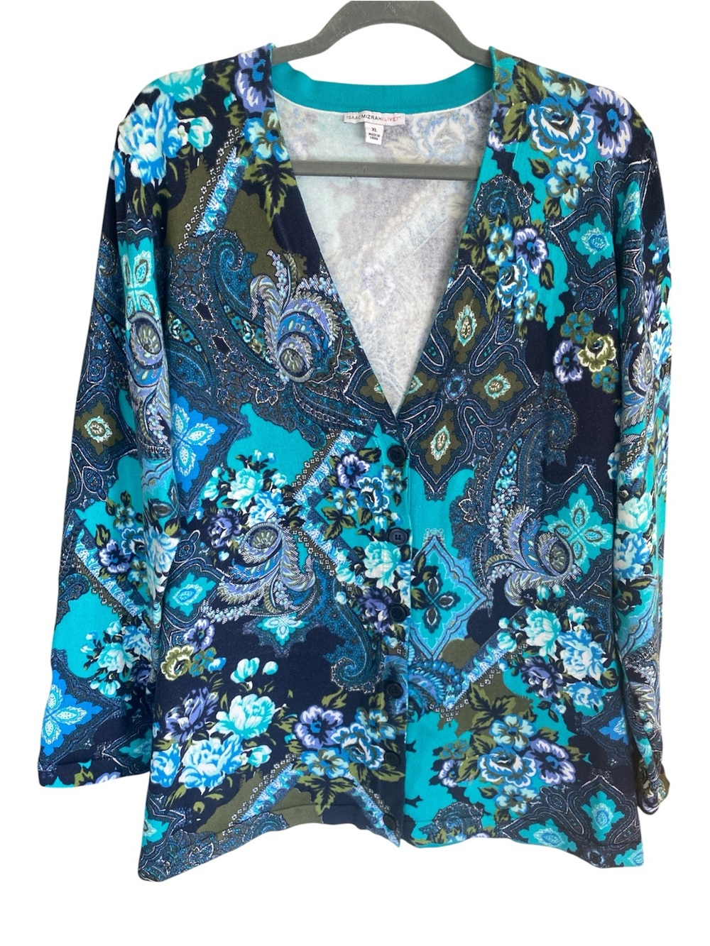 Isaac Mizrahi Turquoise Navy Floral Paisley V-Neck Cardigan. Size XL